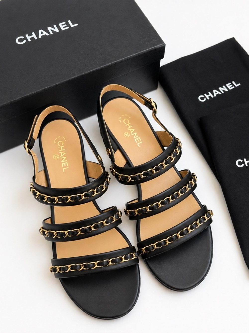 Chanel 22 Logo Chain Strap Lambskin Sandals Black Gold CC EU 40 US 10